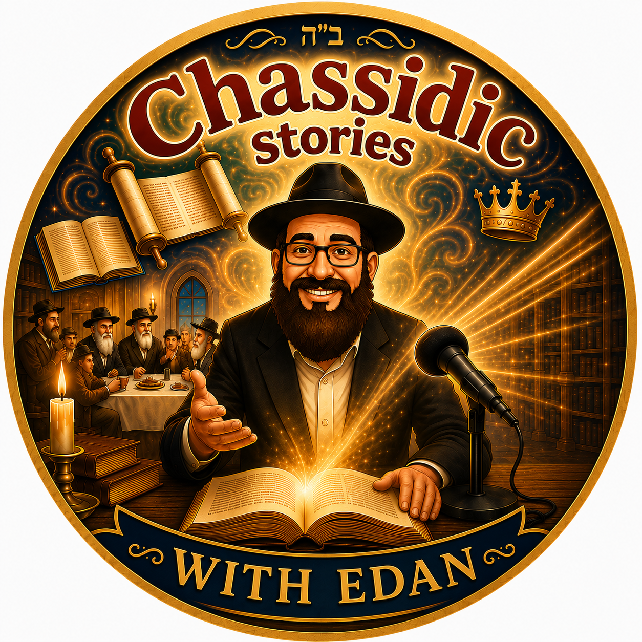 An illustrated cover for a podcast titled 'Chassidic stories with Edan.' The central figure is a smiling man with a beard, glasses, and a hat, sitting at a table with an open book, surrounded by glowing golden swirls and symbols such as a crown, Torah scrolls, and an open book. In the background, there are men in traditional Jewish attire seated around a table in a library setting, with candles and books.