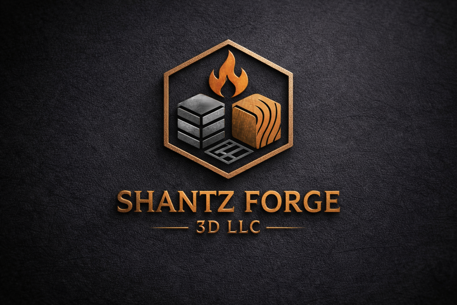 Logo for Shantz Forge 3D LLC featuring a hexagon with a flame, a stack of metal blocks, and a wooden carving, set against a black textured background.