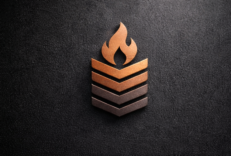 Black textured surface with a layered metal logo resembling a flame above three downward-pointing chevrons.