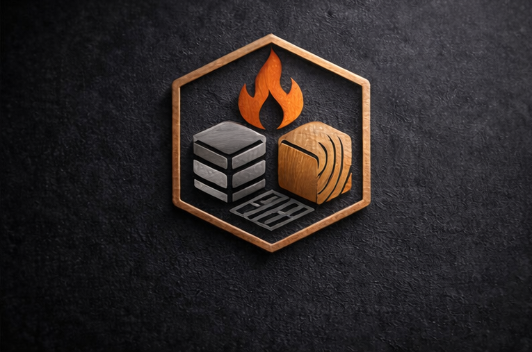 A hexagonal wooden and metal emblem with a fire symbol above, depicting two logs and a fire grate, mounted on a dark textured surface.