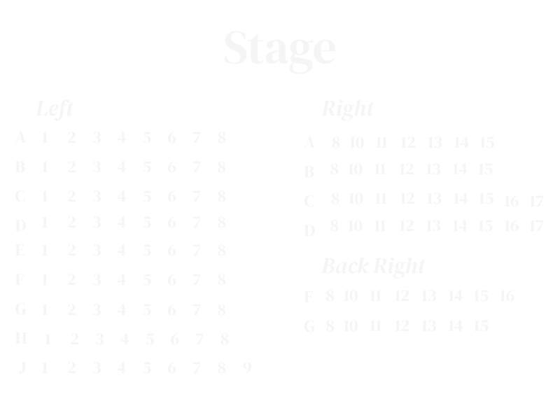 The image is a seating chart for a stage, showing the arrangement of seats in sections labeled Left, Right, and Back Right, with specific seat numbers for each row.