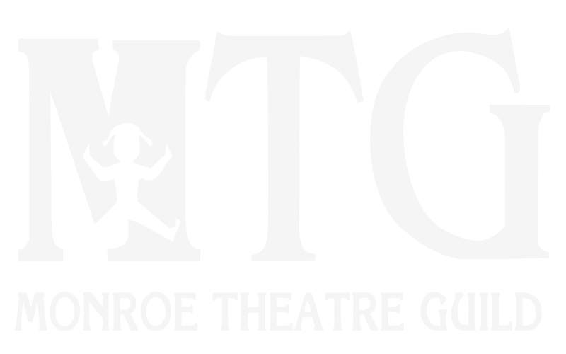 Black and white logo of Monroe Theatre Guild with the initials 'MTG' and a stylized jester integrated into the letter 'T'.