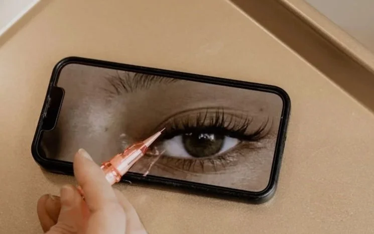 Close-up of a smartphone lying on a desk showing a large eye on its screen, with a hand holding a micropigmentation needle near the eye.