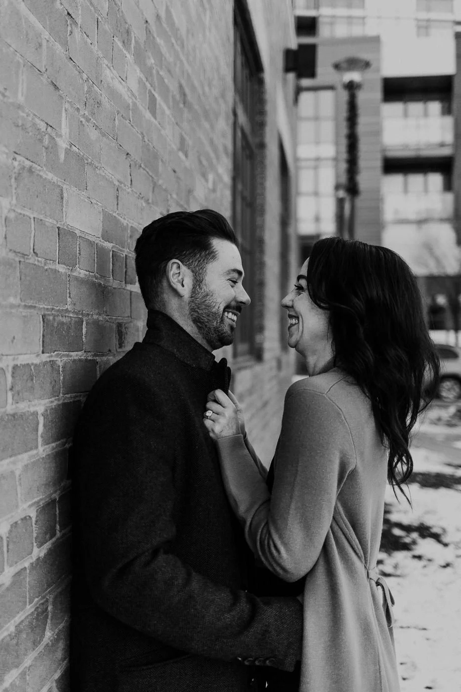 Black and white engagement photo in East Village Calgary 