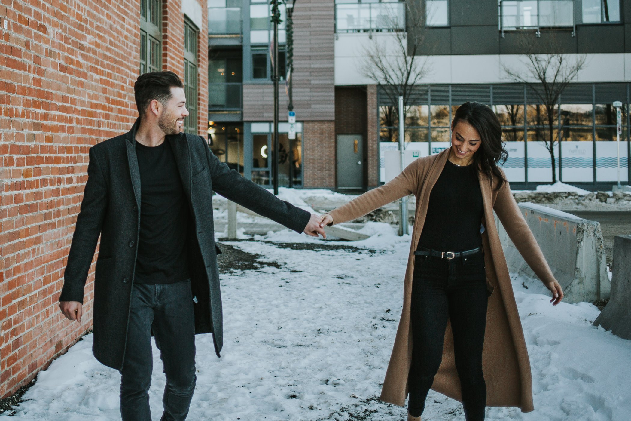Snowy downtown Calgary engagement session 