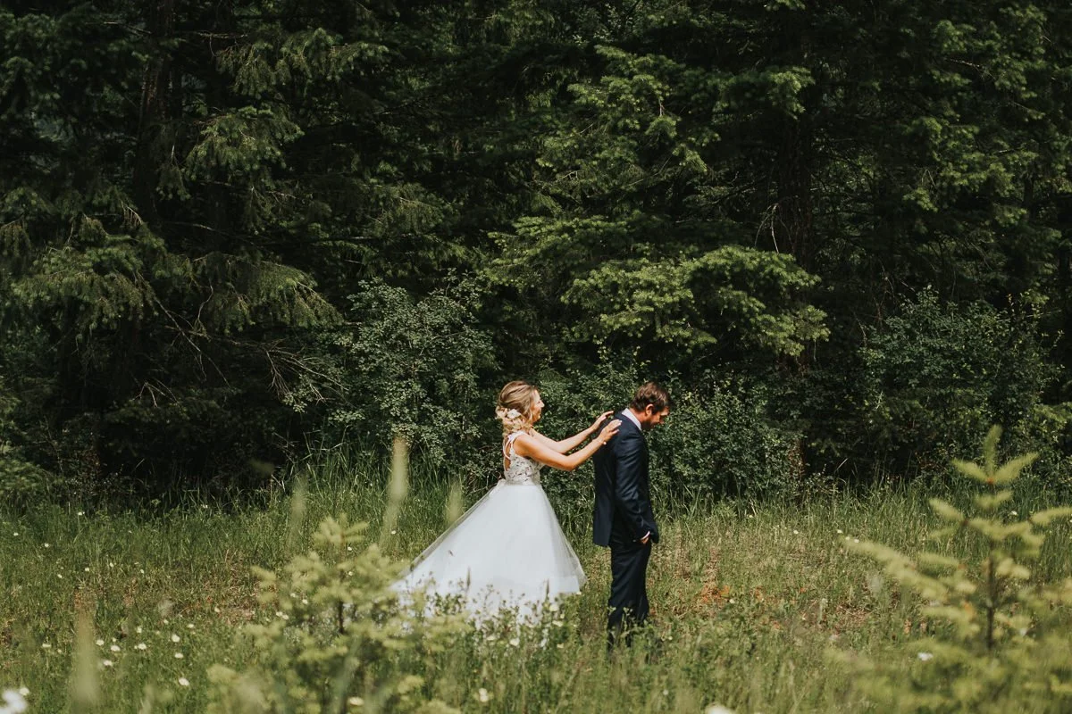 Bride and groom first look Calgary Alberta ranch wedding 