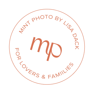 A circular logo with text "MINT PHOTO BY LISA DACK" and "FOR LOVERS & FAMILIES," featuring a stylized lowercase "mp" in the center.