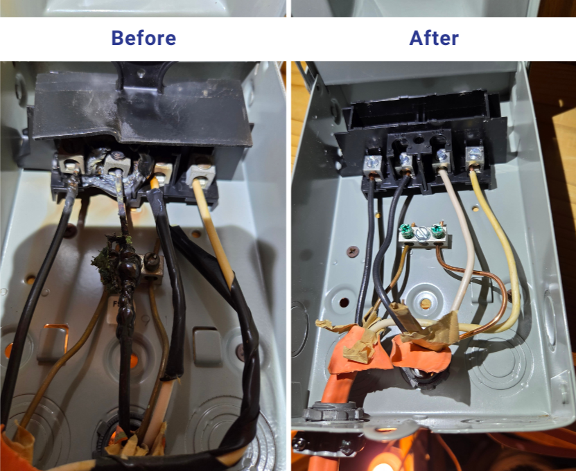Side-by-side comparison of electrical components in a box labeled 'Before' and 'After,' showing wire and terminal replacements.