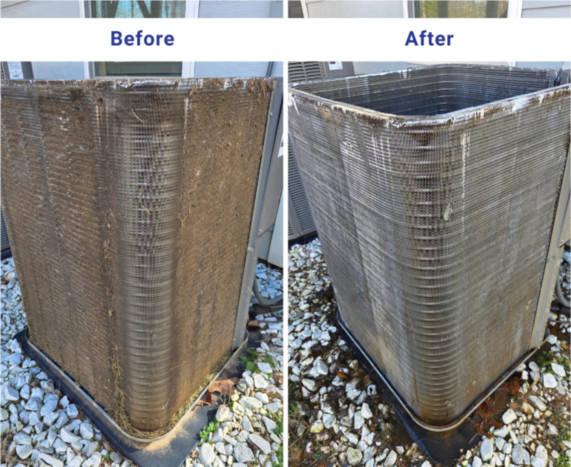 Side-by-side comparison of condenser coil before and after cleaning, showing significant dirt and grime removal.