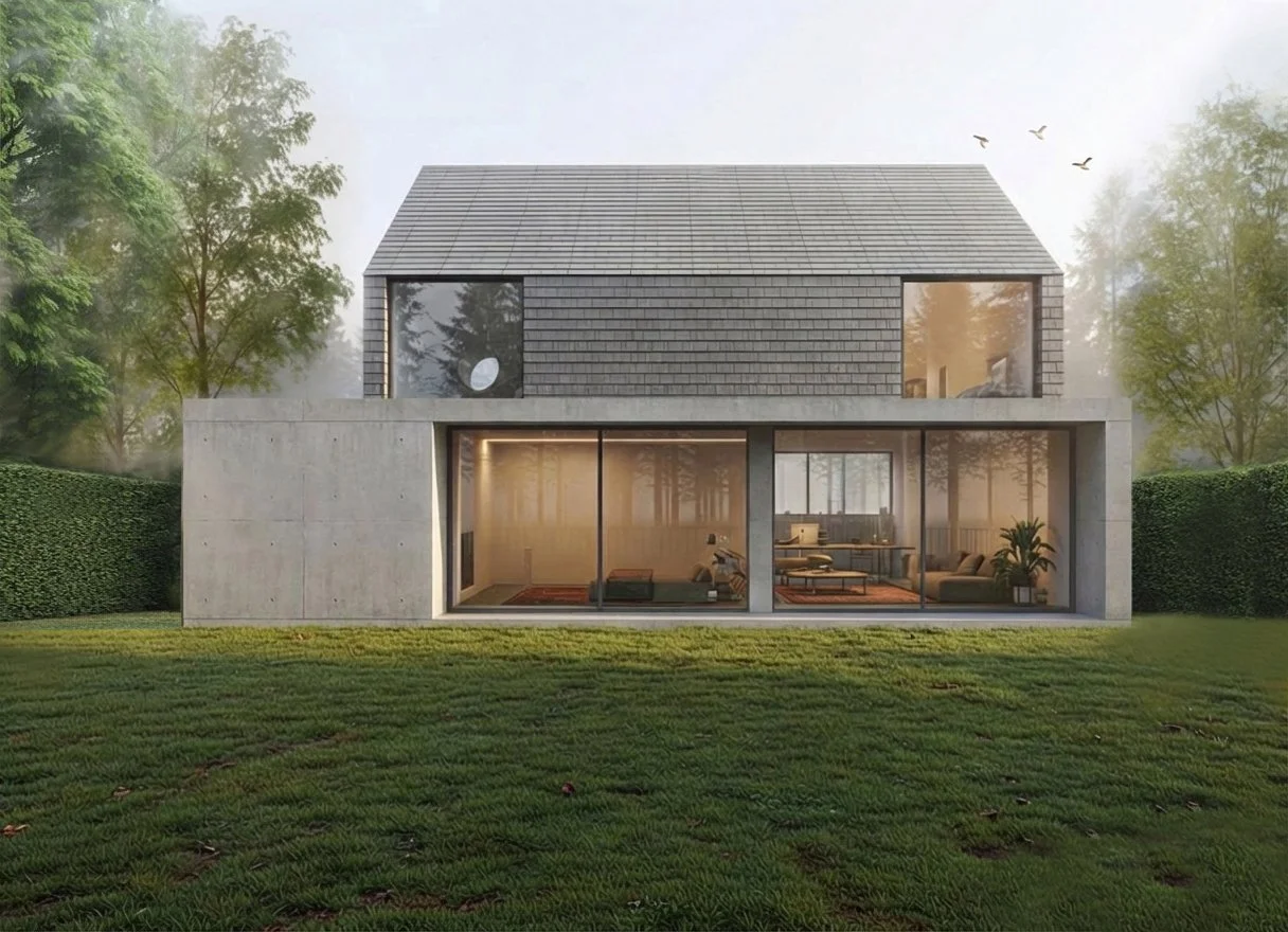Casa moderna com duas andares, janelas de vidro amplas, fachada de concreto e telhado de telhas, rodeada de árvores e grama bem cuidada.
