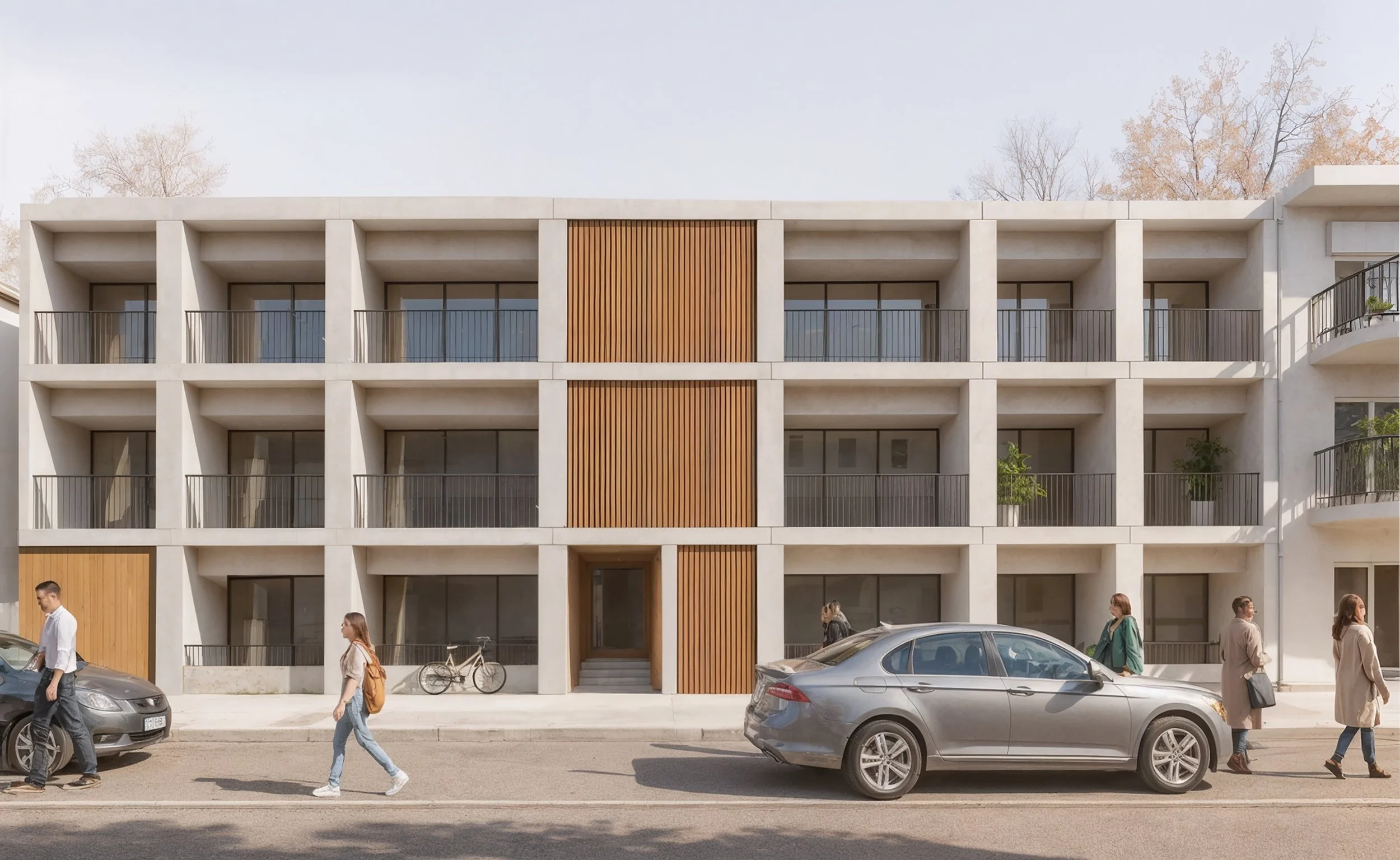 Fachada de um prédio residencial com apartamentos de três andares, com varandas de vidro e detalhes em madeira, e pessoas caminhando na calçada em frente.