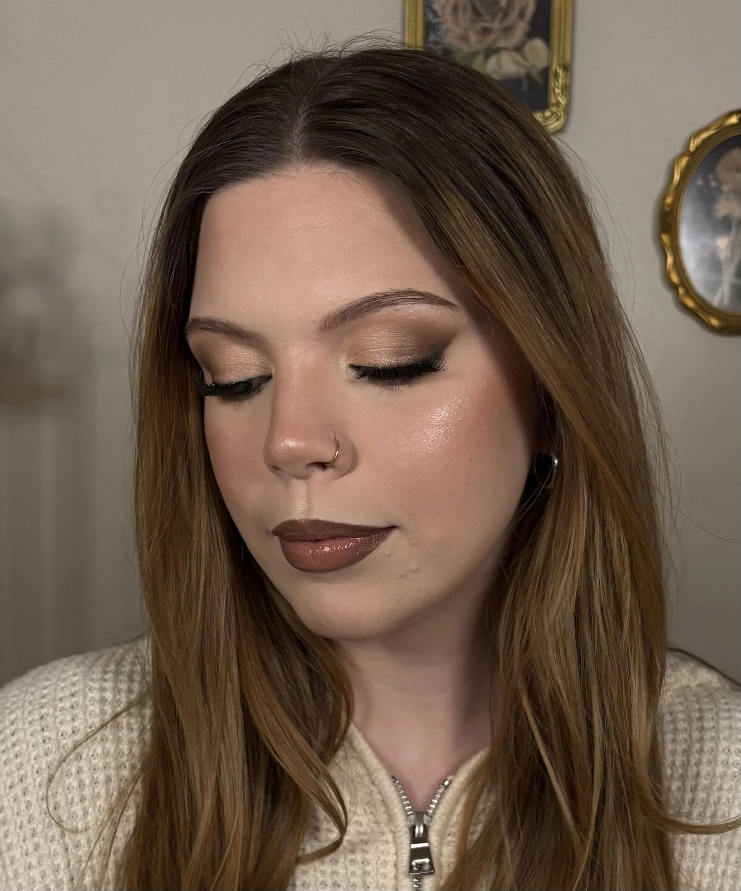 Full bridal glam makeup look with a smoked out wing and nude lip