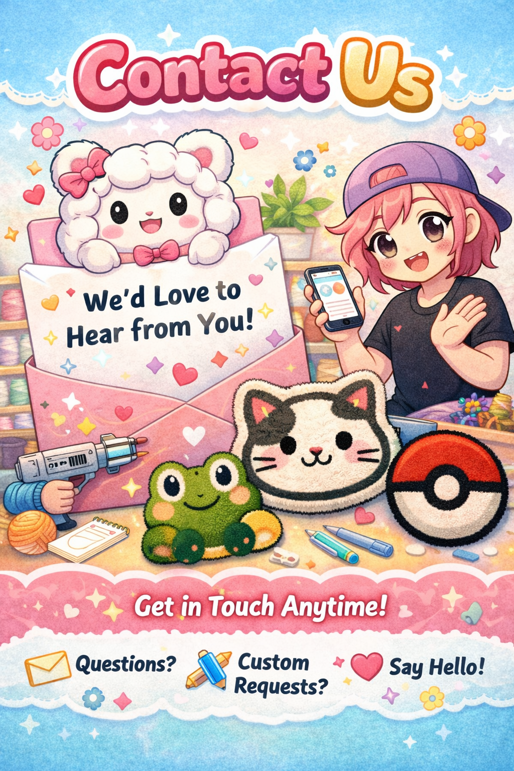 Colorful illustration of a girl with pink hair and a baseball cap holding a smartphone, surrounded by plush toys, a Pokeball, art supplies, and a sign that says "We'd Love to Hear from You!" with contact options for questions, custom requests, and saying hello.