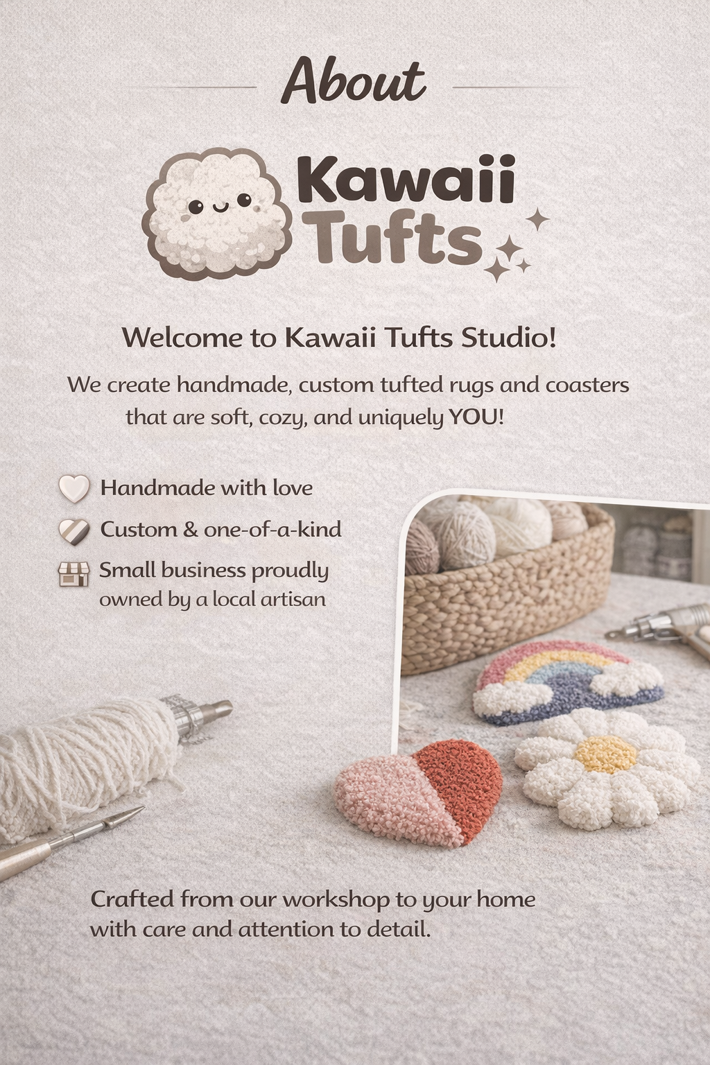 A flyer for Kawaii Tufts Studio featuring handmade, custom tufted rugs and coasters with a cute, cozy design, including images of wool yarn, a rainbow, a flower, and a heart-shaped rug.