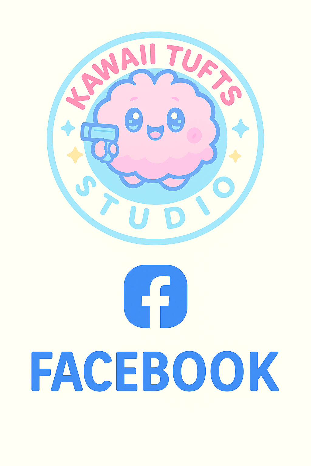 Logo of 'Kawaii Tuff Studio' featuring a cute cartoon fluffy character holding a water gun, surrounded by a circular badge with stars and the studio name, and the Facebook logo with the text 'FACEBOOK' underneath.