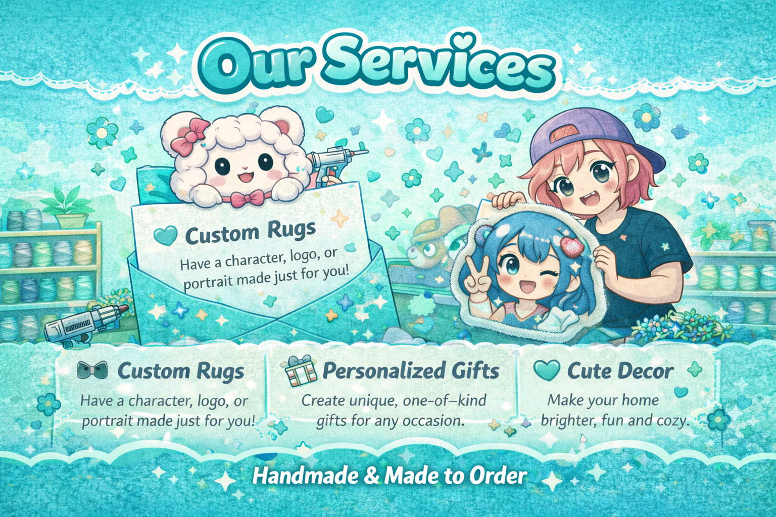 Colorful illustration promoting custom rugs, personalized gifts, and cute decor, featuring a sheep with a bow, a girl making a peace sign, shelves with thread spools, and a background of stars, hearts, and flowers.