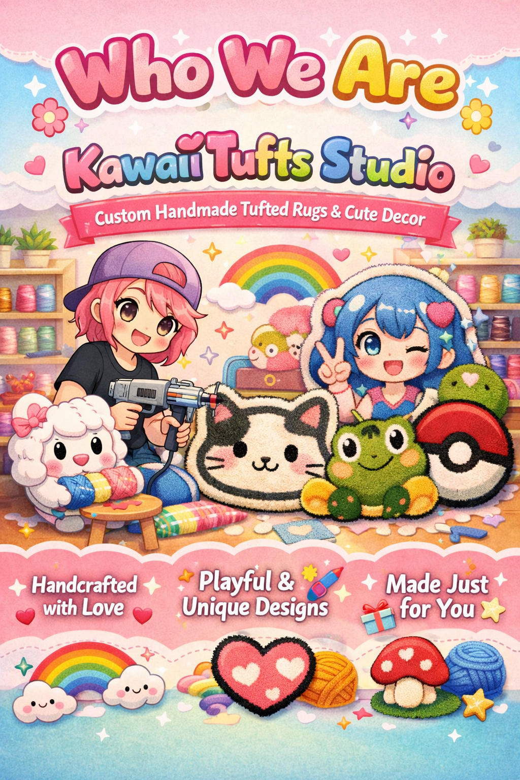 Colorful cover of a craft book titled "Who We Are Kawaii Tufts Studio," featuring two animated characters surrounded by plush craft items, rainbows, clouds, and stars.