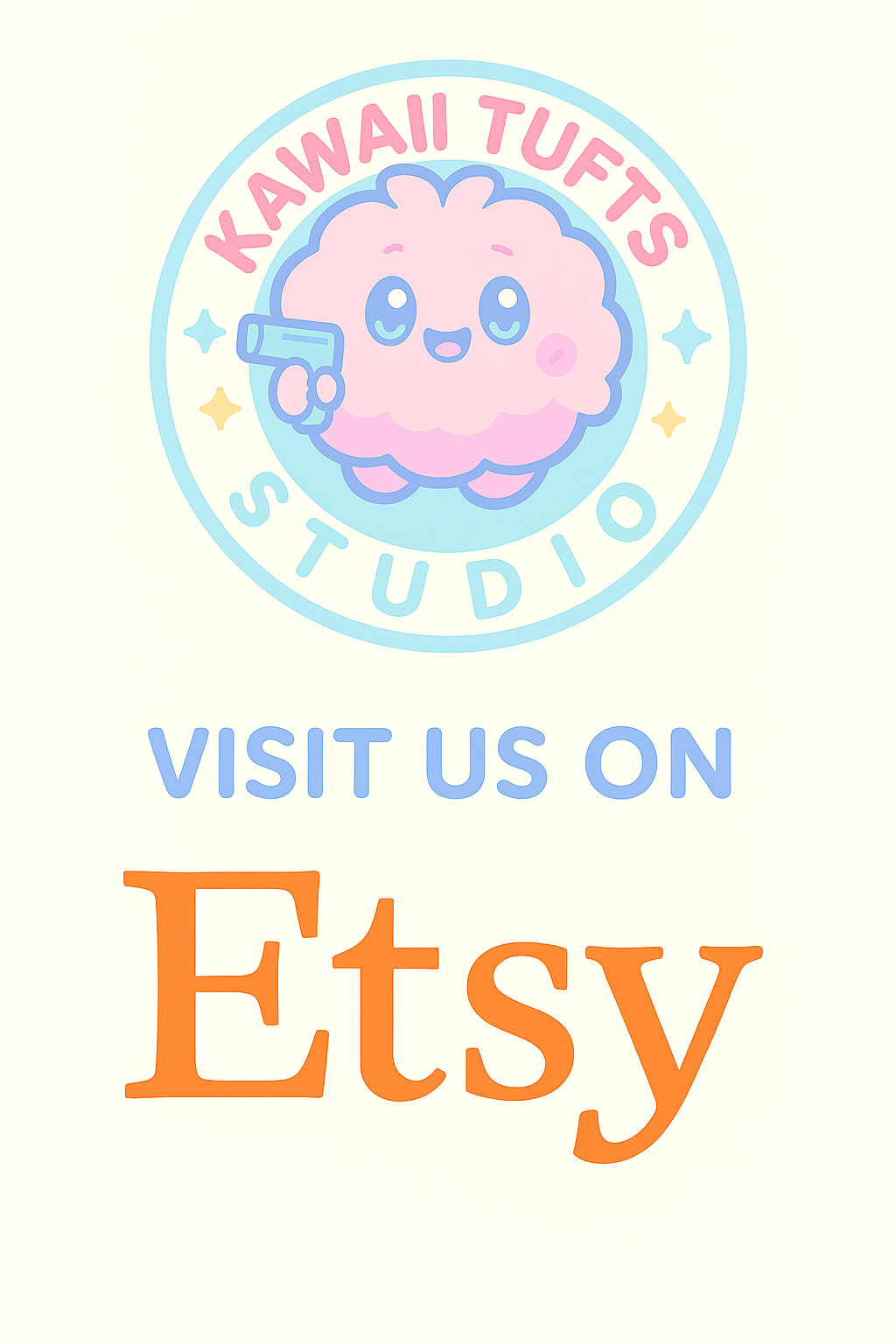 Logo for Kawaii Tuffs Studio featuring a cute pink fluffy character holding a gun, with colorful stars around it, and text promoting their website Etsy.