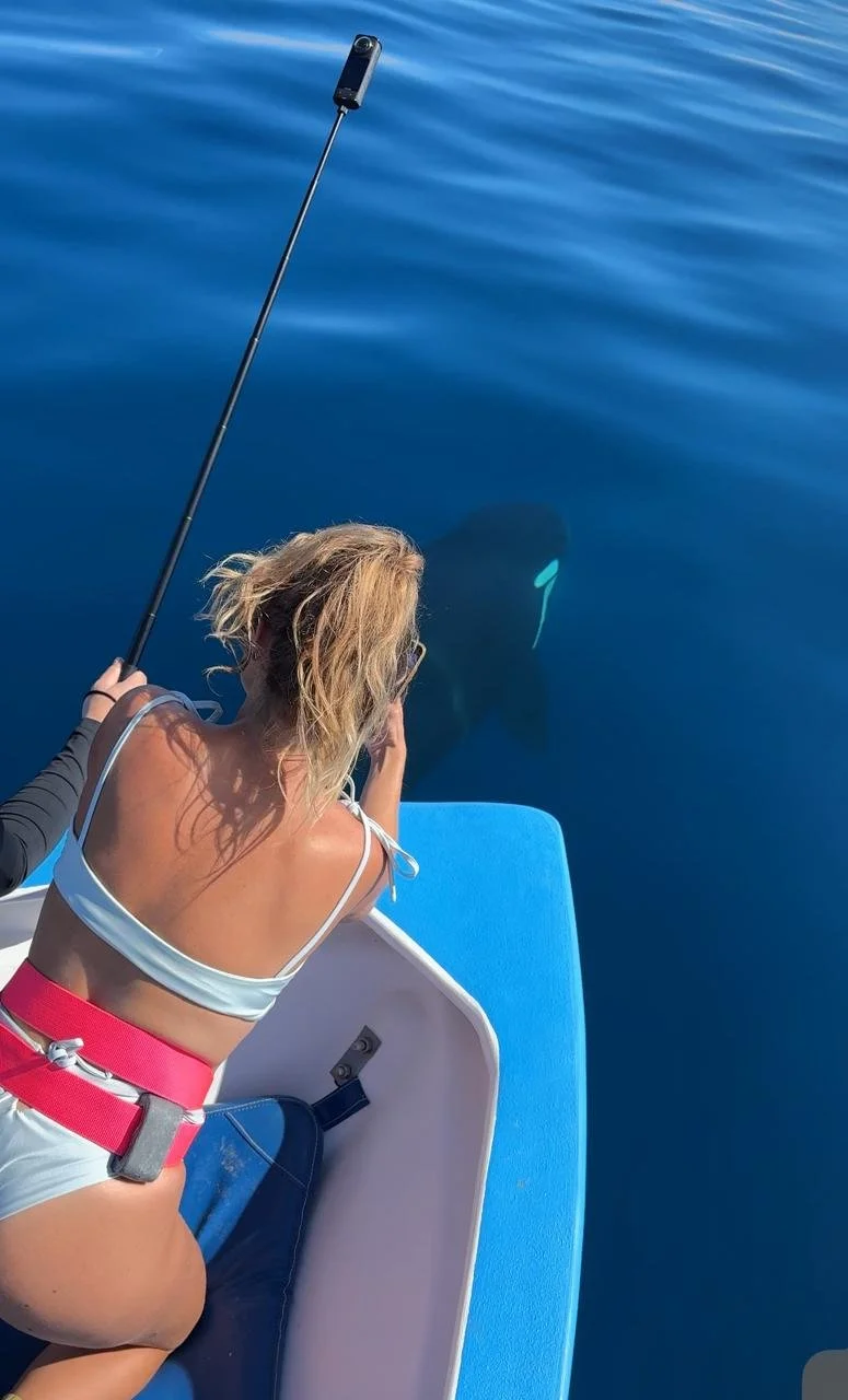 Mujer en panga tomando una selfie sobre el agua con una Orca