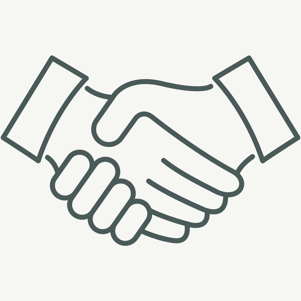 Line drawing of two hands shaking, wearing long-sleeved shirts.