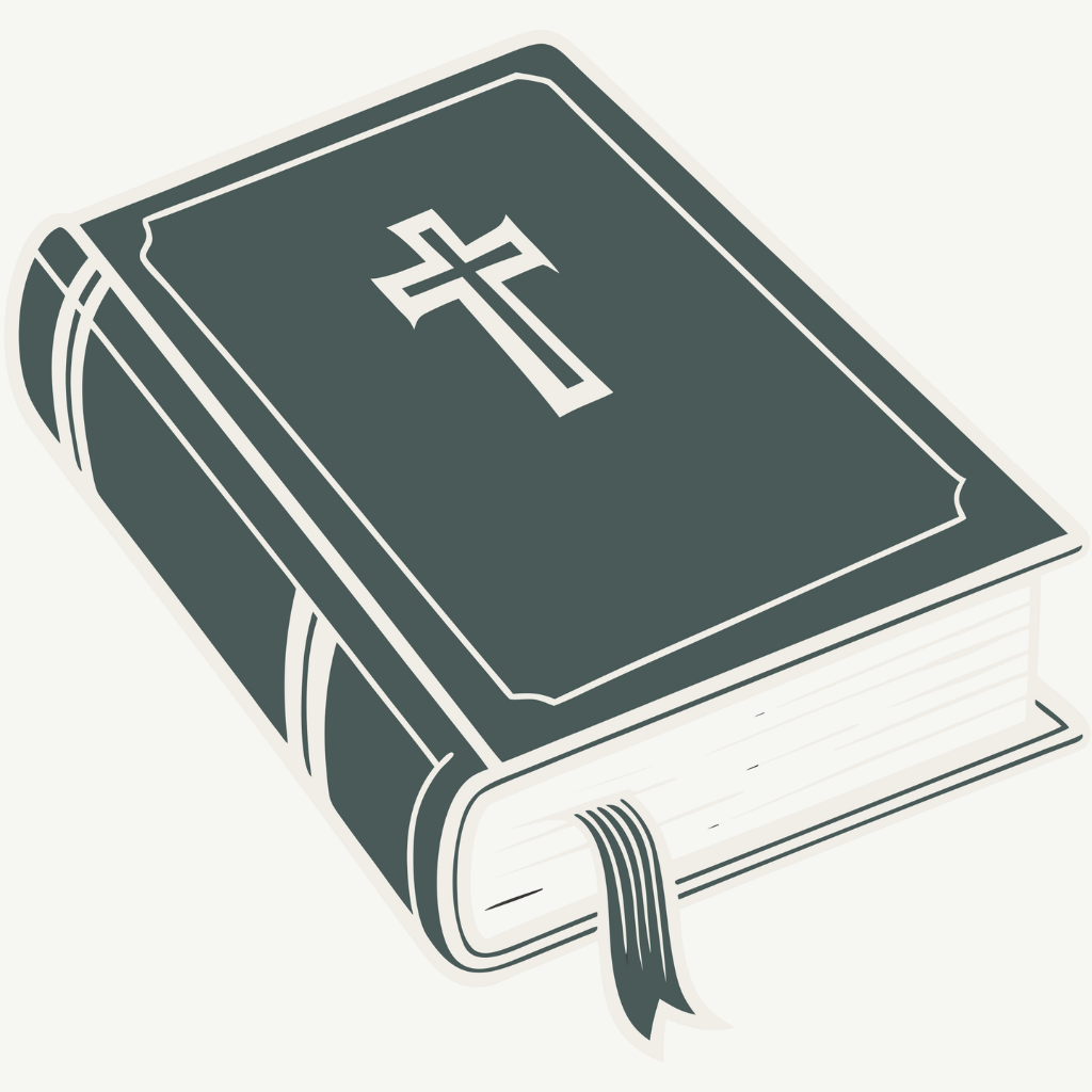 Illustration of a closed Bible with a cross on the cover and a bookmark ribbon.