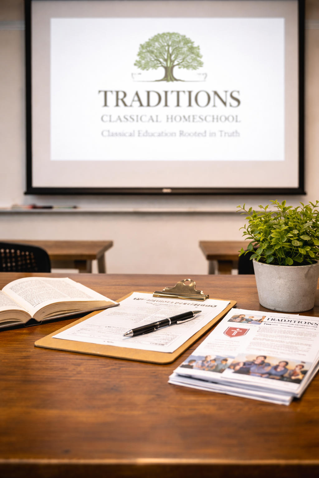 Classroom desk with open book, clipboard, pen, and pamphlets, with a potted plant, in front of a whiteboard displaying 'Traditions Classical Homeschool' logo.