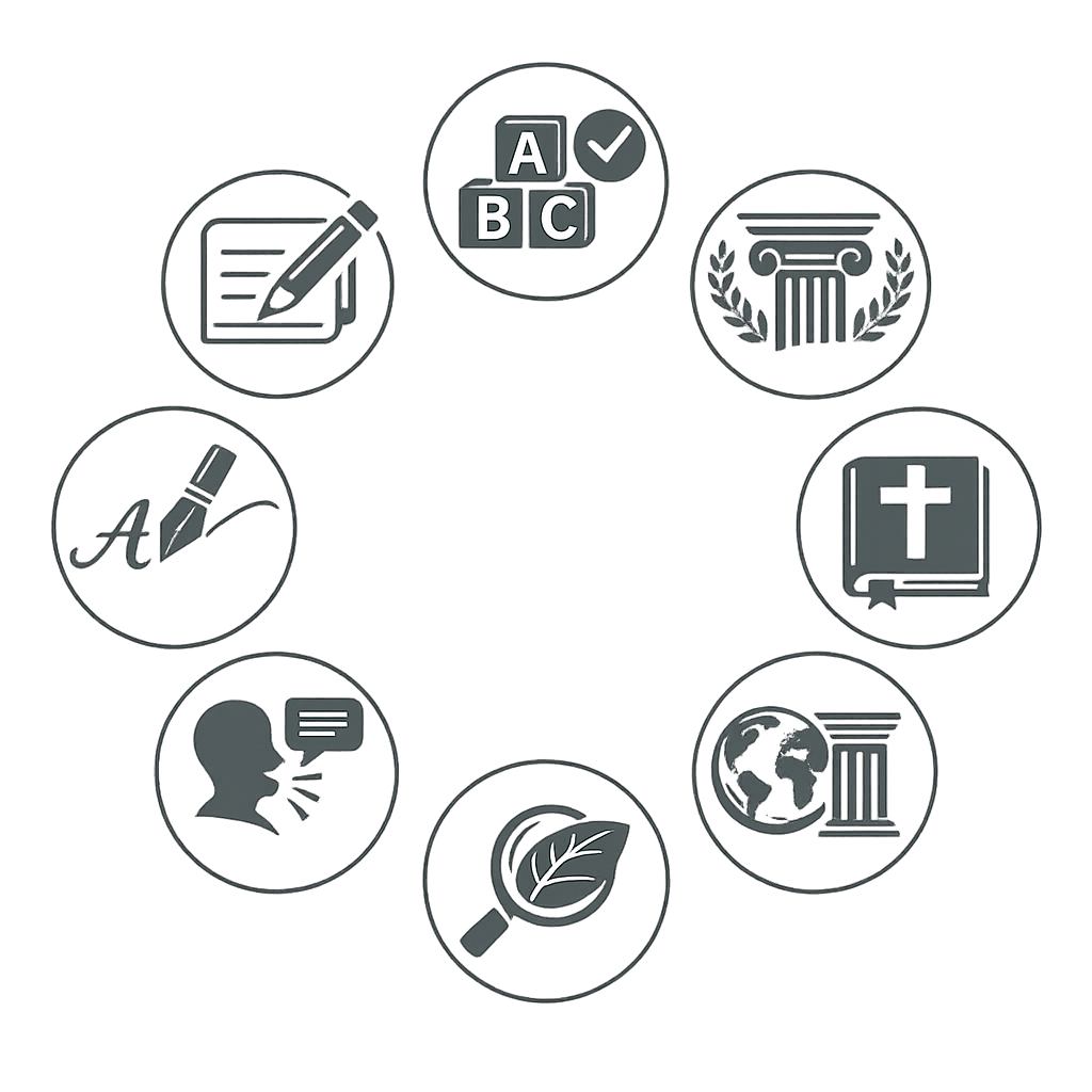 A circular infographic with nine icons related to education, writing, reading, research, environmental awareness, faith, and history.
