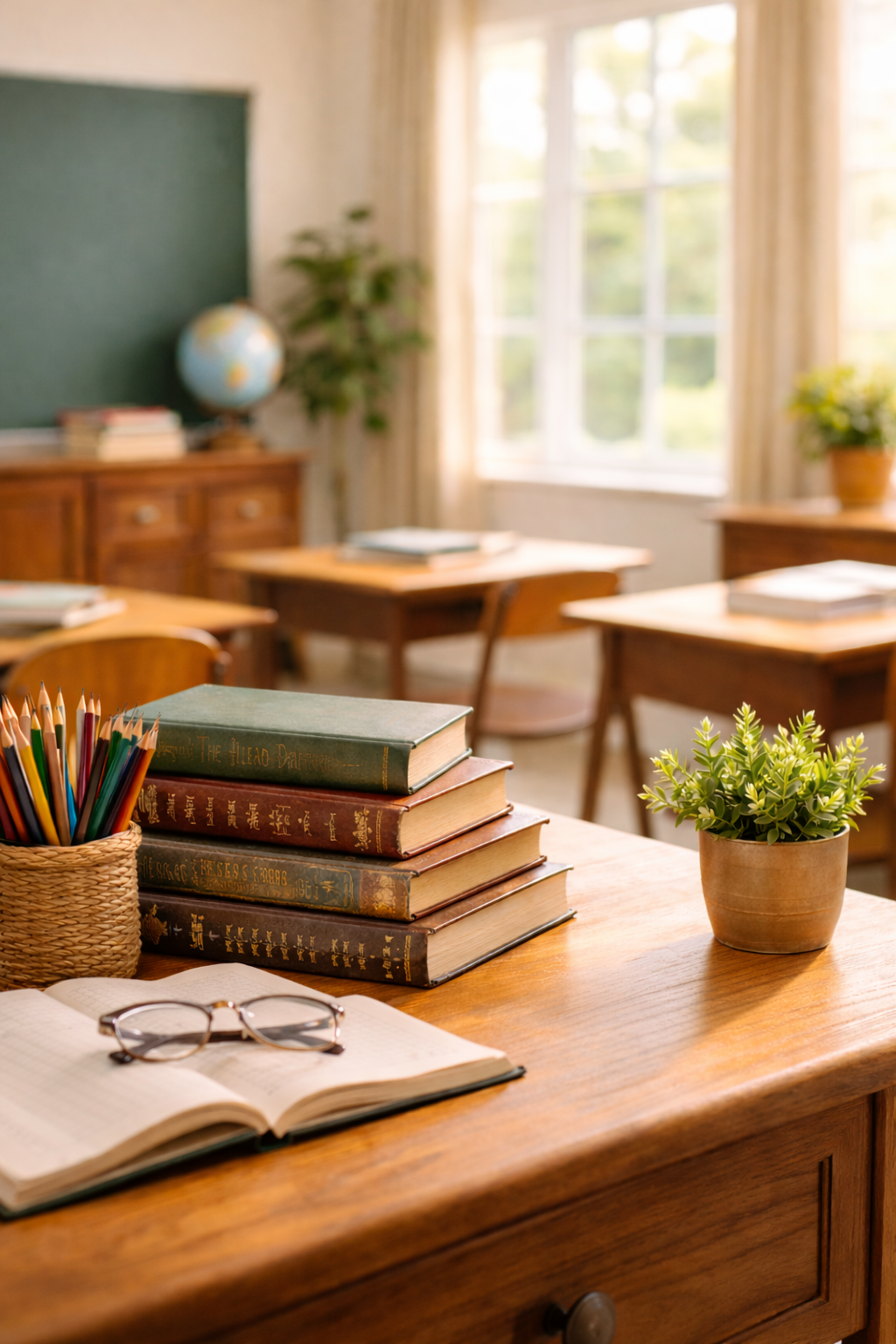An organized classroom with a wooden desk in the foreground featuring a stack of books, a pair of glasses, an open notebook, a pencil holder with colored pencils, and a small potted plant. In the background, there are additional desks, a chalkboard, a globe, a window with curtains, and some plants.
