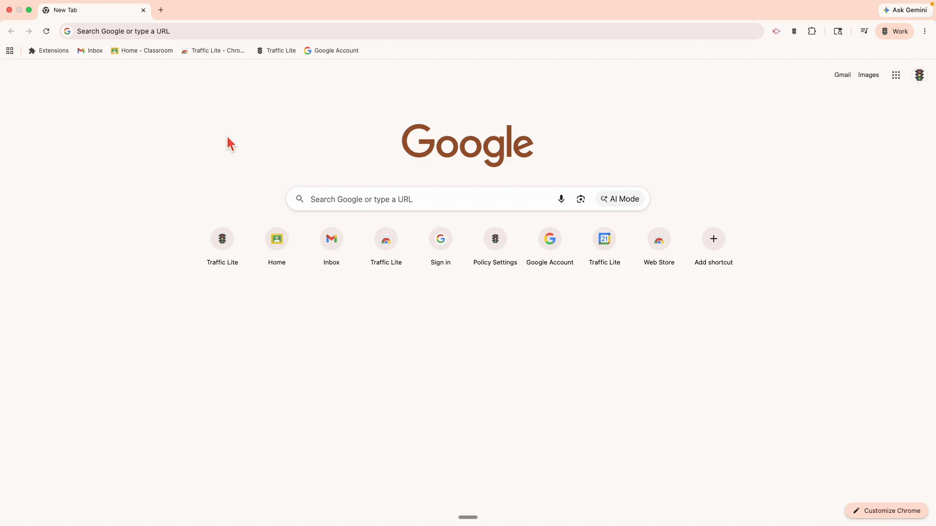 Screenshot of a Google Chrome browser window open to the Google homepage with a light pink theme, showing the Google logo, a search bar, and various app shortcuts below, including Traffic Lite, Home, Inbox, Sign in, Policy Settings, Google Account, Web Store, and an option to add a shortcut.