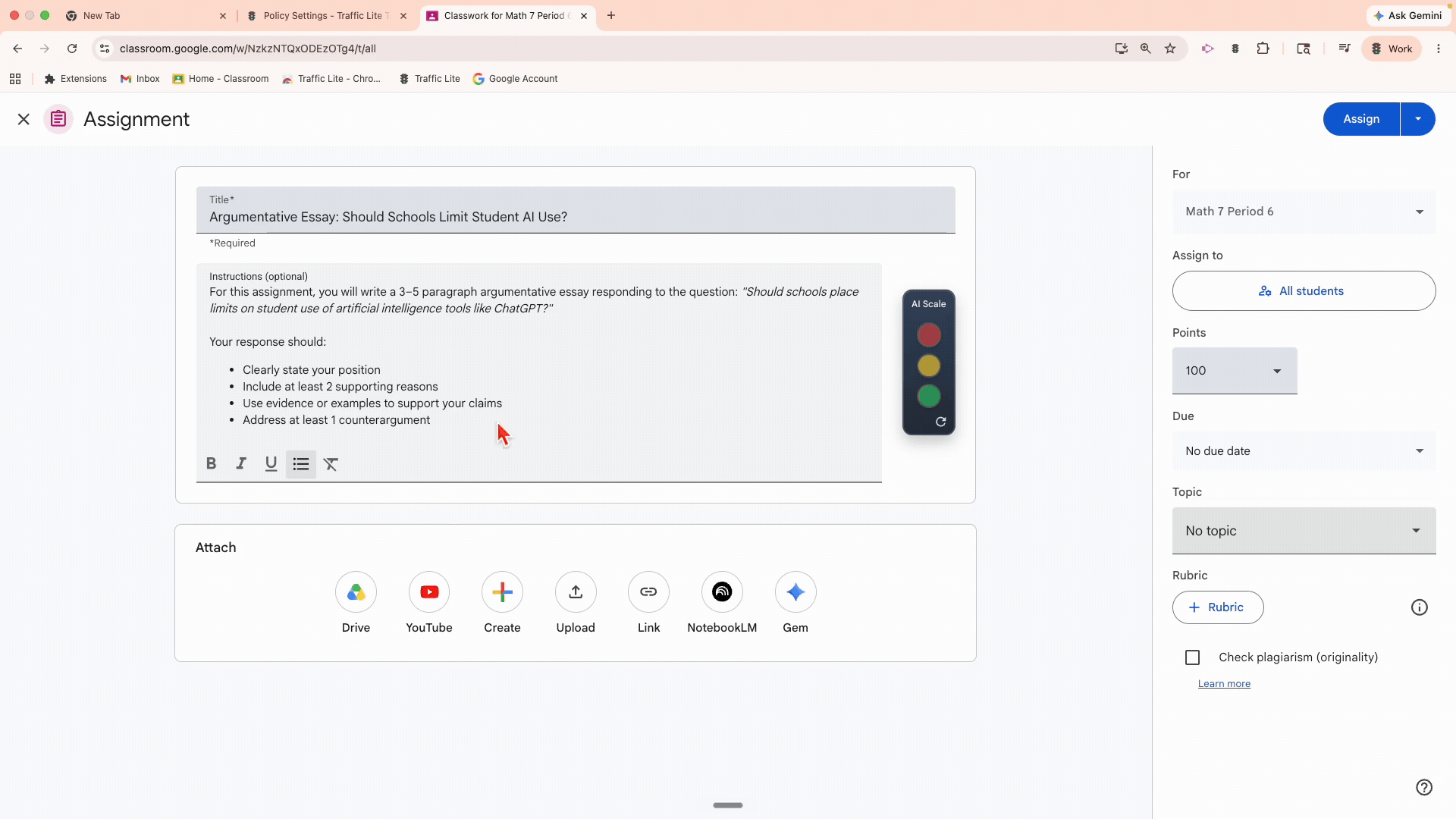 Screenshot of a Google Classroom assignment page for an argument essay titled "Should Schools Limit Student AI Use?" with instructions, editing options, a vertical toolbar with AI scale buttons, and sharing options at the bottom.