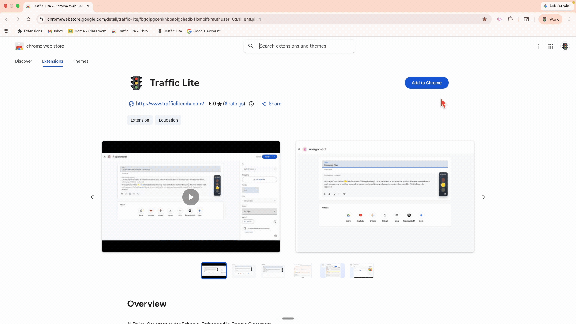 Screenshot of the Chrome Web Store page for the Traffic Lite extension, showing the extension's name, icon, rating, and an 'Add to Chrome' button.