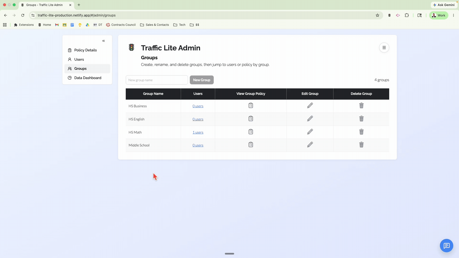 Screenshot of a web page titled 'Traffic Lite Admin' showing a sidebar menu with options for Policy Details, Users, Groups, Data Dashboard. The main content area displays a list of four groups: HS Business, HS English, HS Math, Middle School, with links to users and icons to view group policy, edit, or delete each group. The browser tab shows the page title, and the URL indicates it is a production environment on netlify.