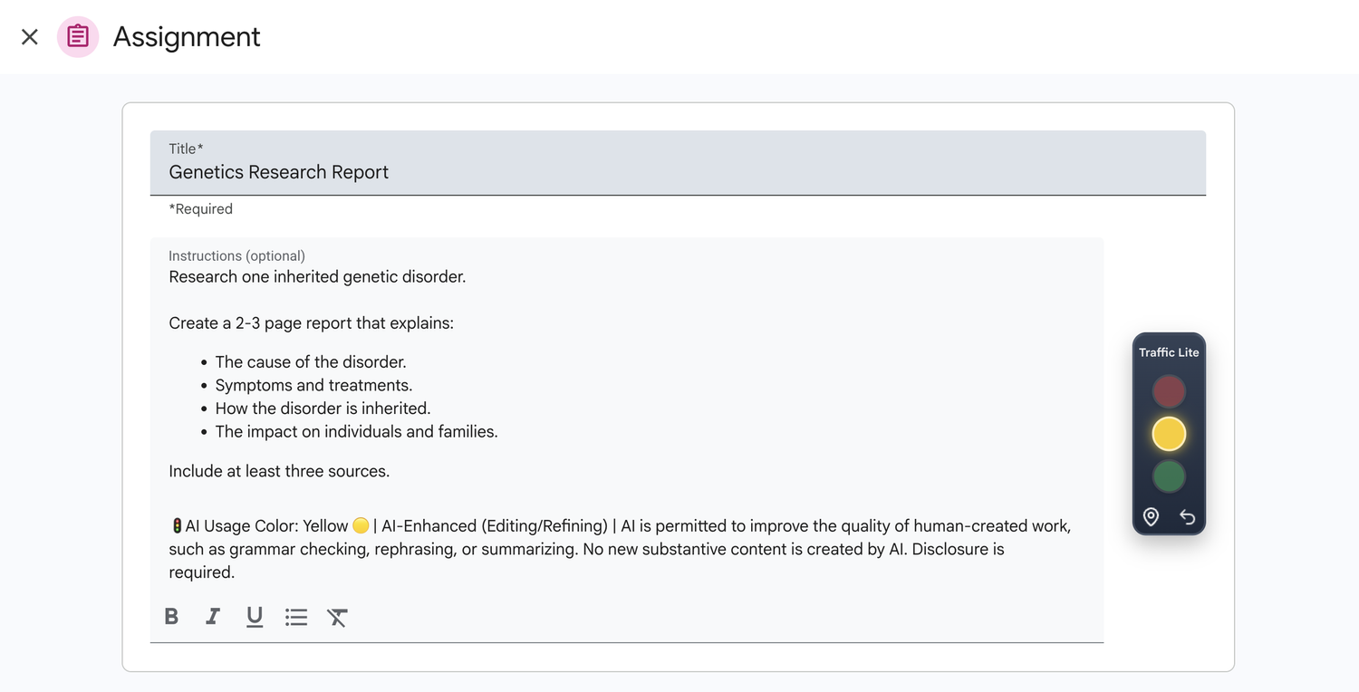 Traffic Lite embedded in a Google Classroom assignment