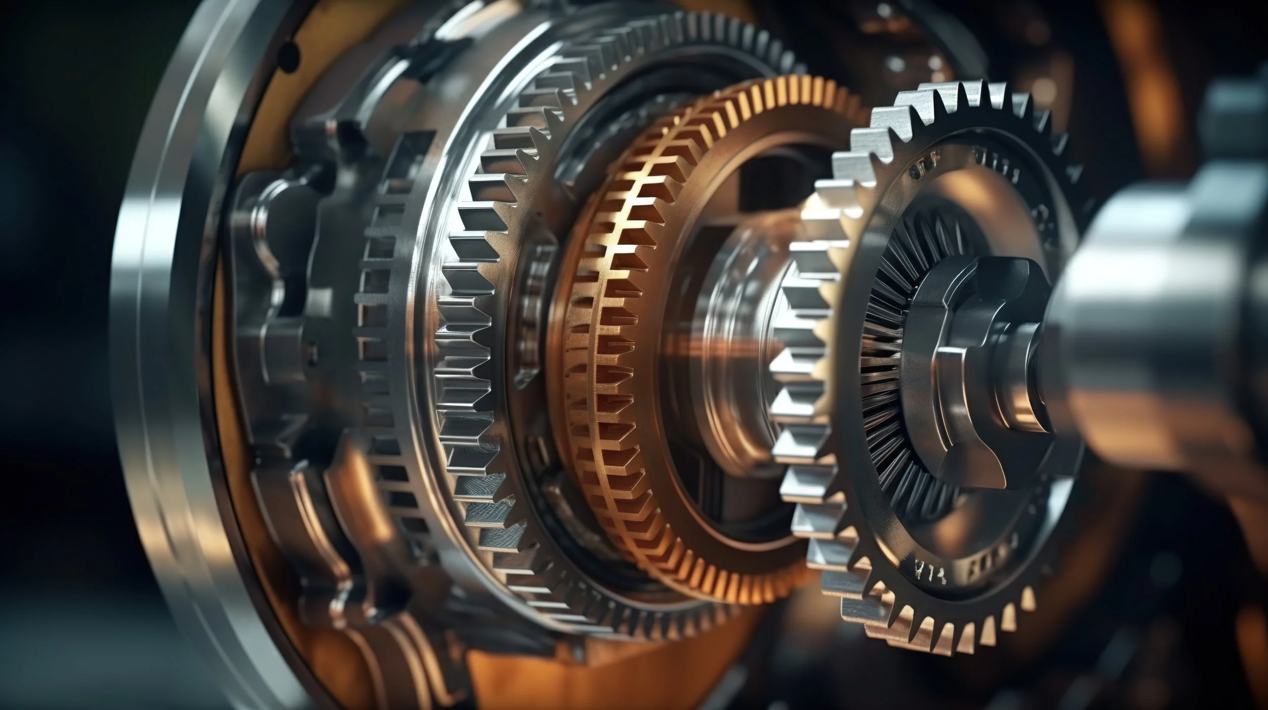 Close-up of complex industrial gears interlocking, showcasing metallic textures and intricate mechanical design.