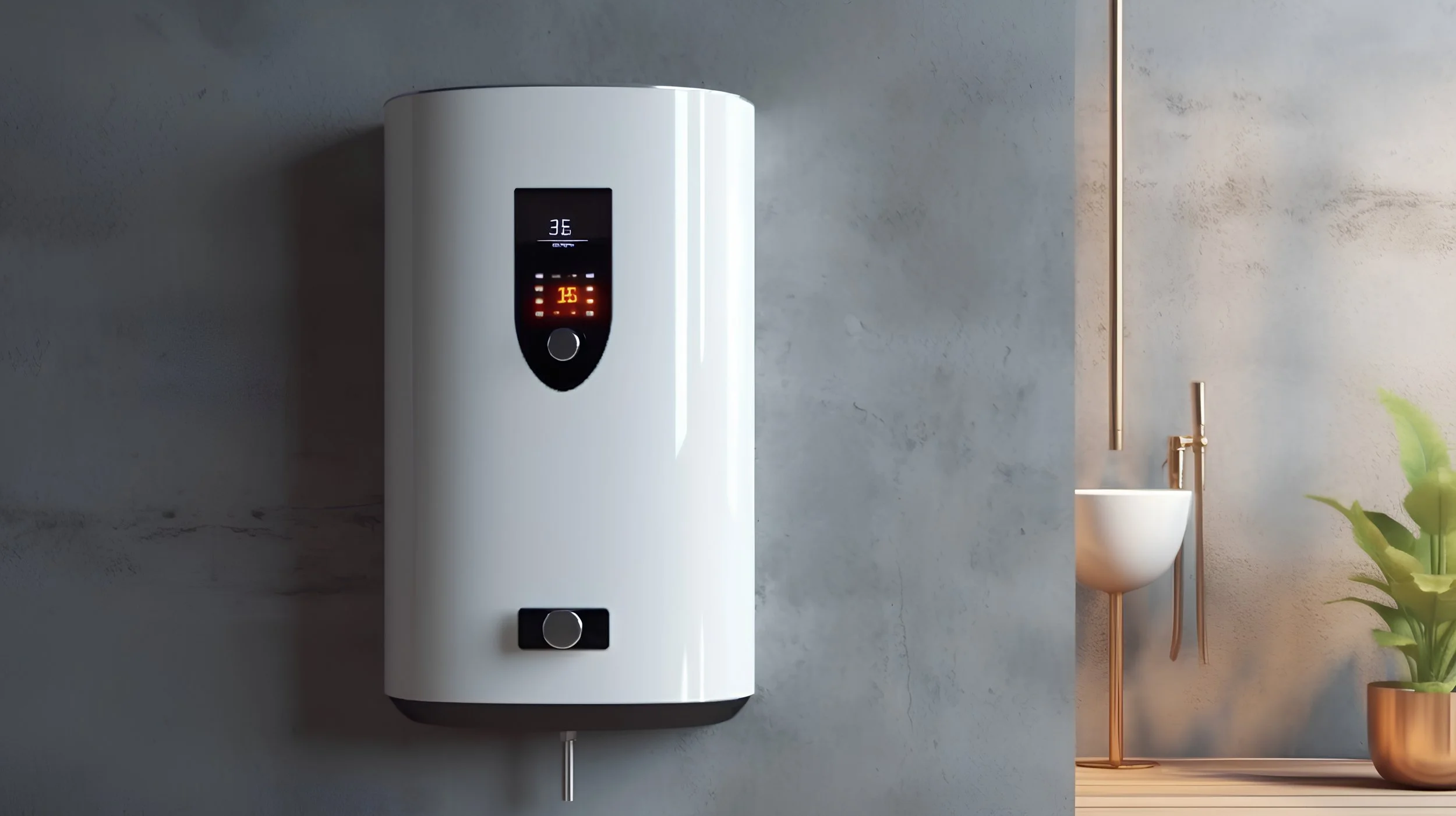 Modern white electric water heater on a wall next to a white sink and a potted plant.