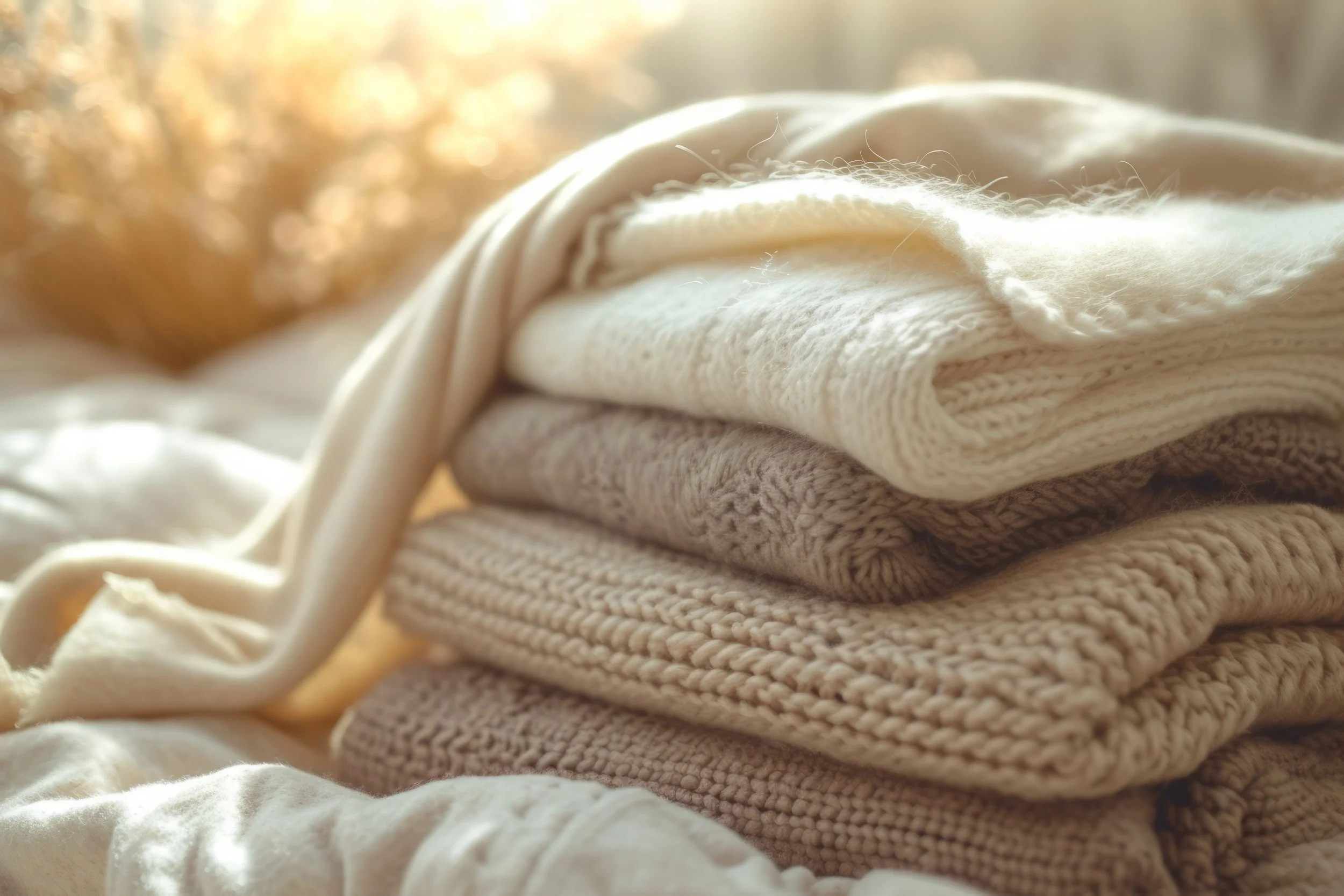 Stack of folded beige and cream knit sweaters on a soft, textured surface in warm lighting.