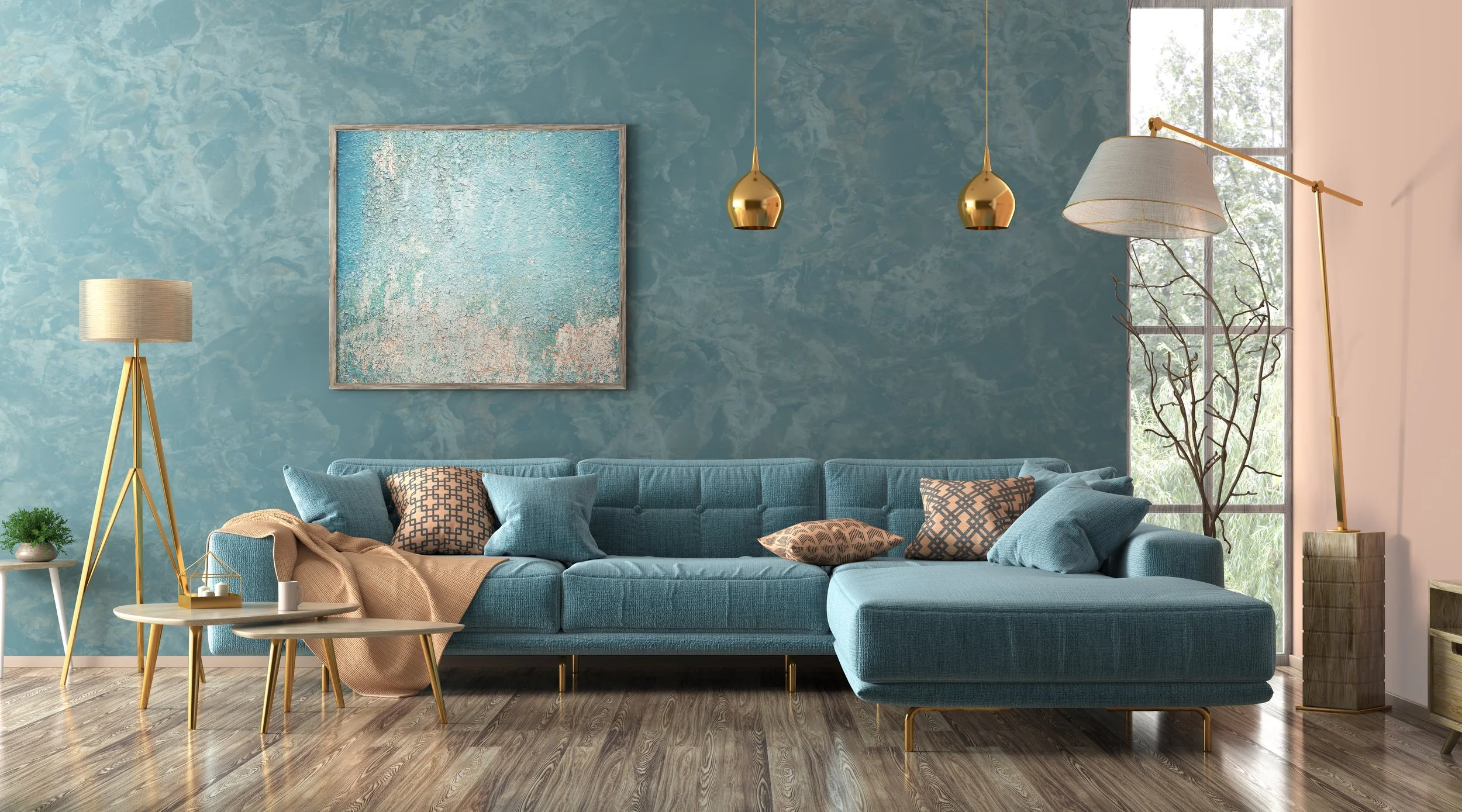 Modern living room with teal sectional sofa, abstract painting, gold floor lamps, pendant lights, wooden coffee tables, and decorative cushions.