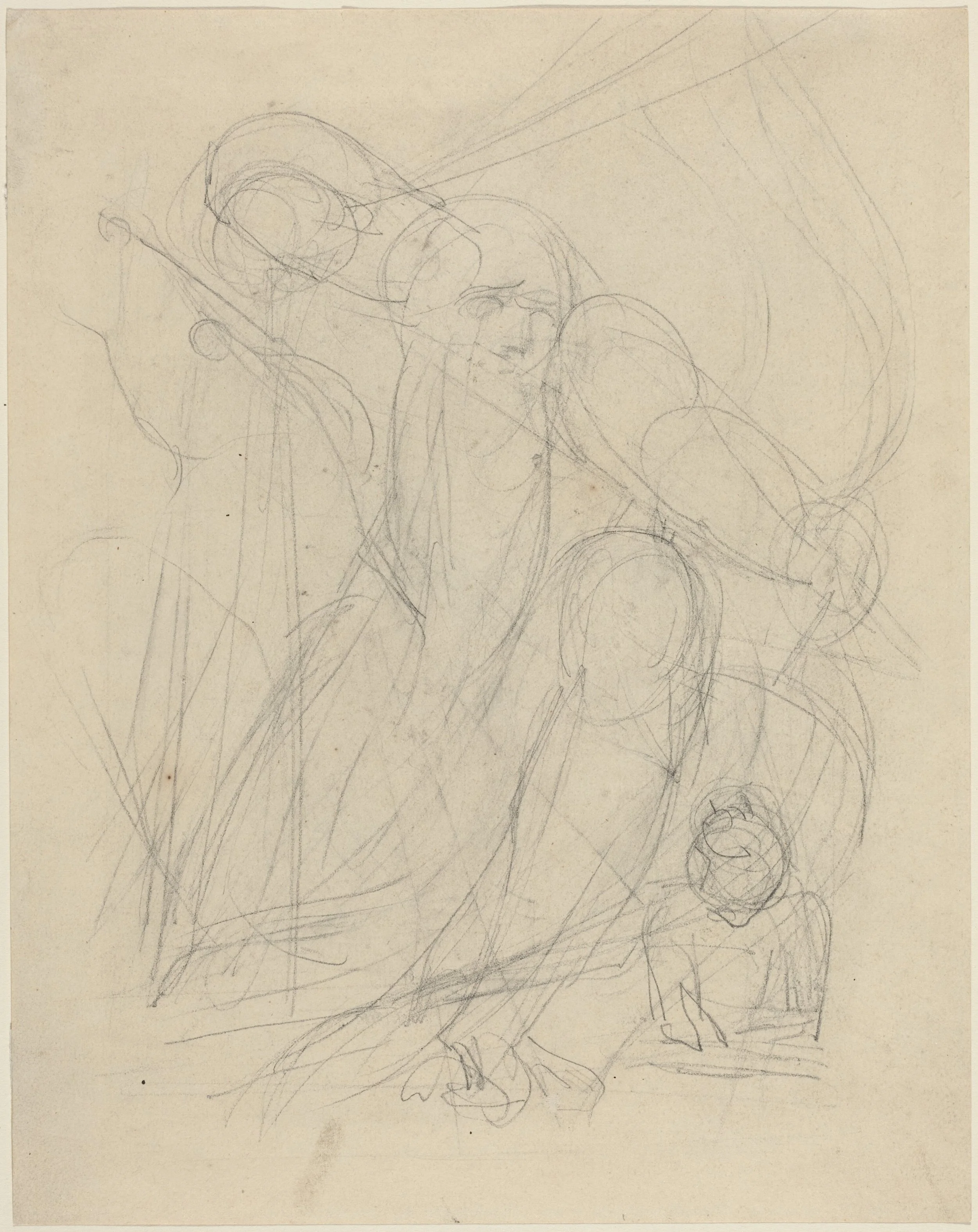 Croquis d'une scène avec plusieurs figures humaines, une femme inclinée et un homme assis en arrière-plan, esquissé au crayon.