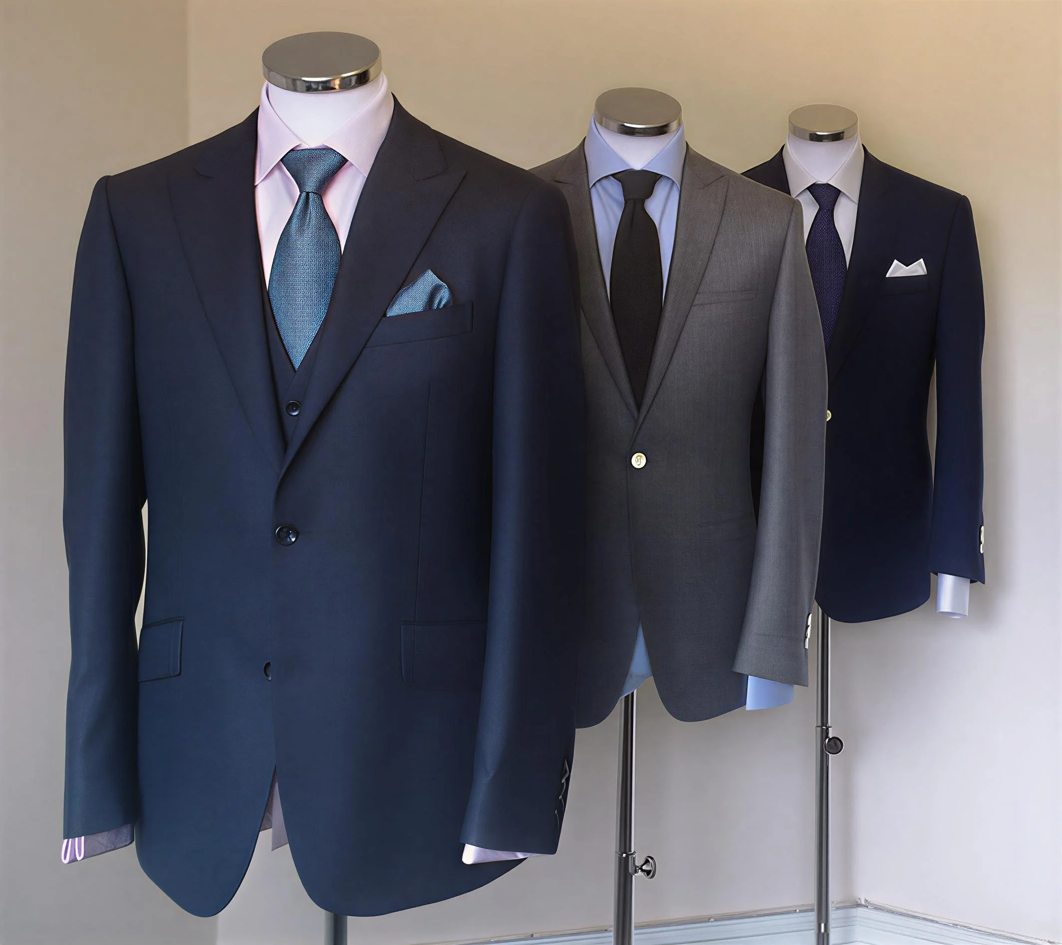 Three mannequins dressed in men's suits displayed in a row, each with a different color and style, on stands against a beige wall.