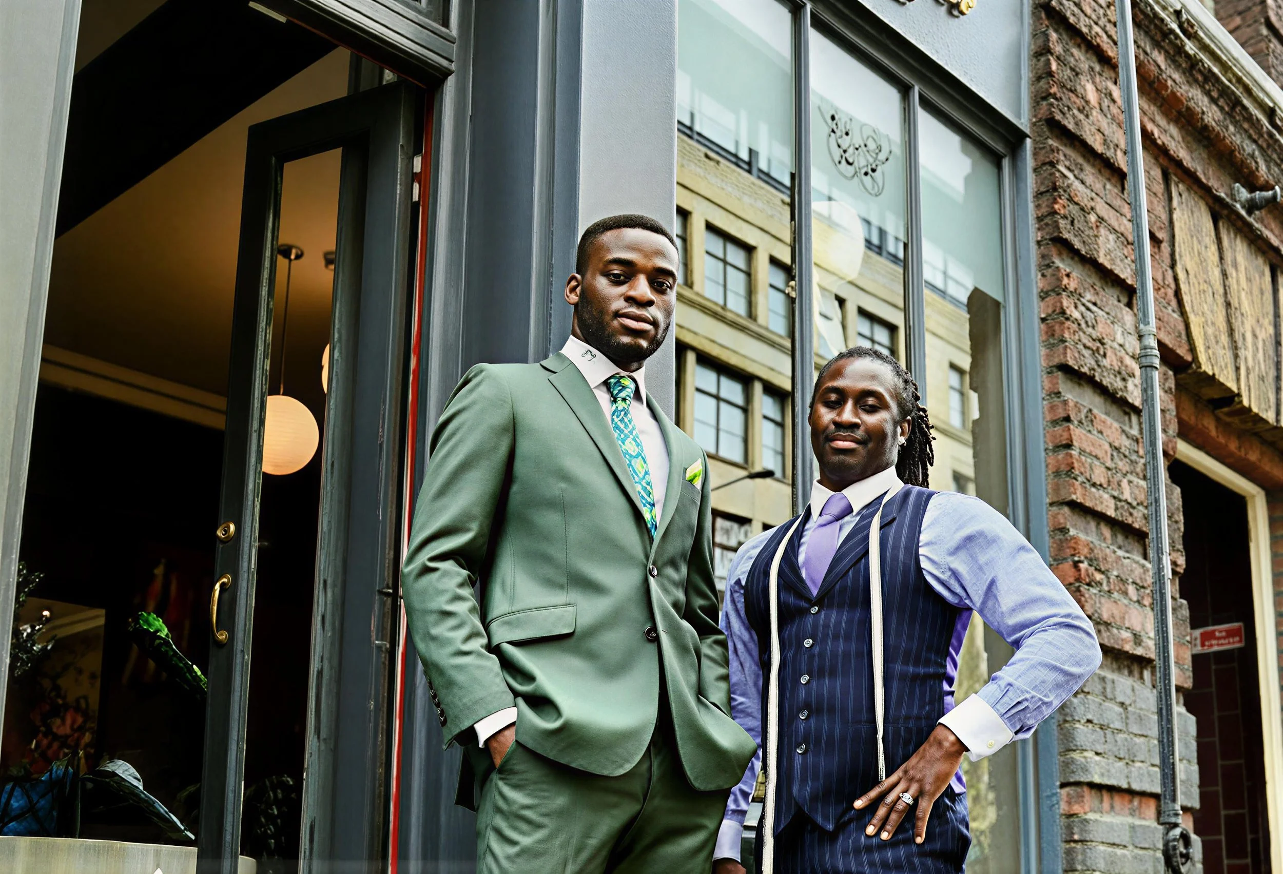 Two men in formal suits standing outside a building with large glass windows and brick walls, looking confidently at the camera.