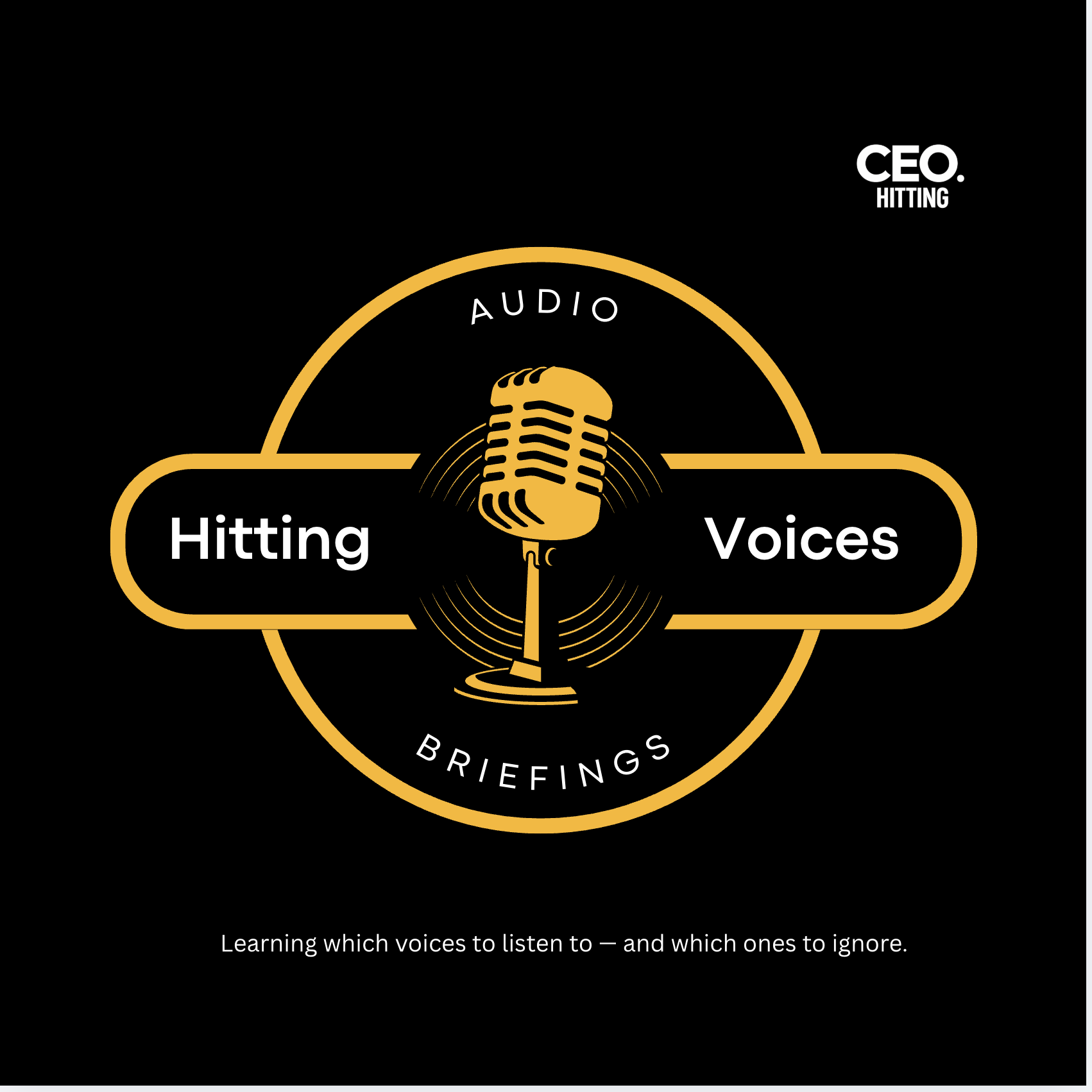 Graphic with a yellow and black design for 'Hitting Voices' audio learning sessions, a baseball hitting podcast.