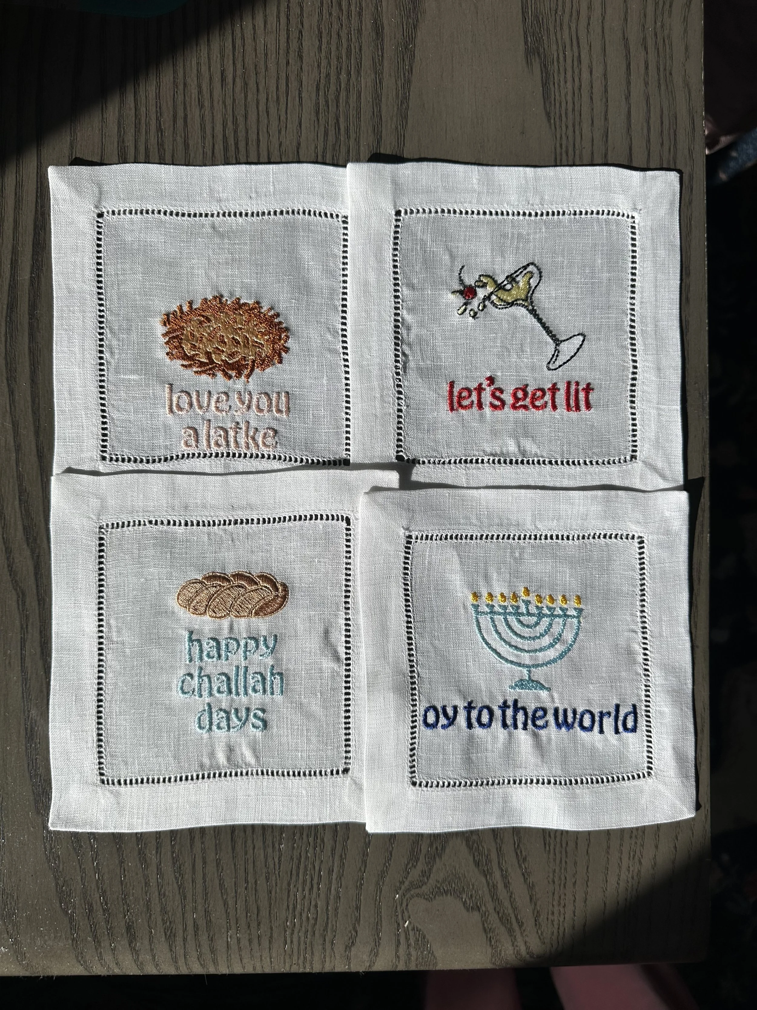 Embroidered Hanukkah Cocktail Napkins