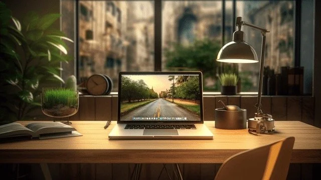 Desk with laptop, desk lamp, potted plants, books, and camera, set in a modern office with large windows showing city buildings.