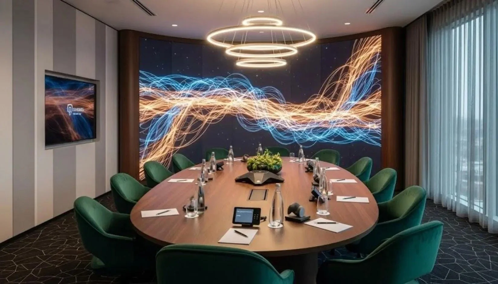 Conference room with a large oval table, green chairs, a digital display, water bottles, notepads, and a mural of colorful abstract light trails on the wall.