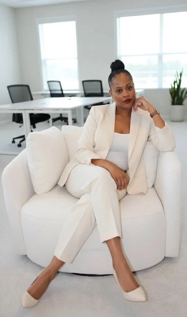 A woman in a white suit sitting on a white sofa in an office space with large windows and a conference table in the background.