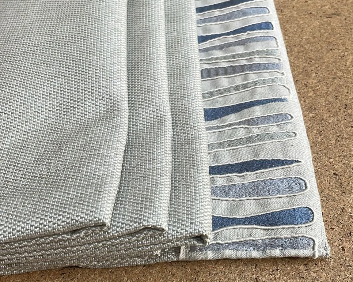 Close-up of folded Roman blind with trim border
