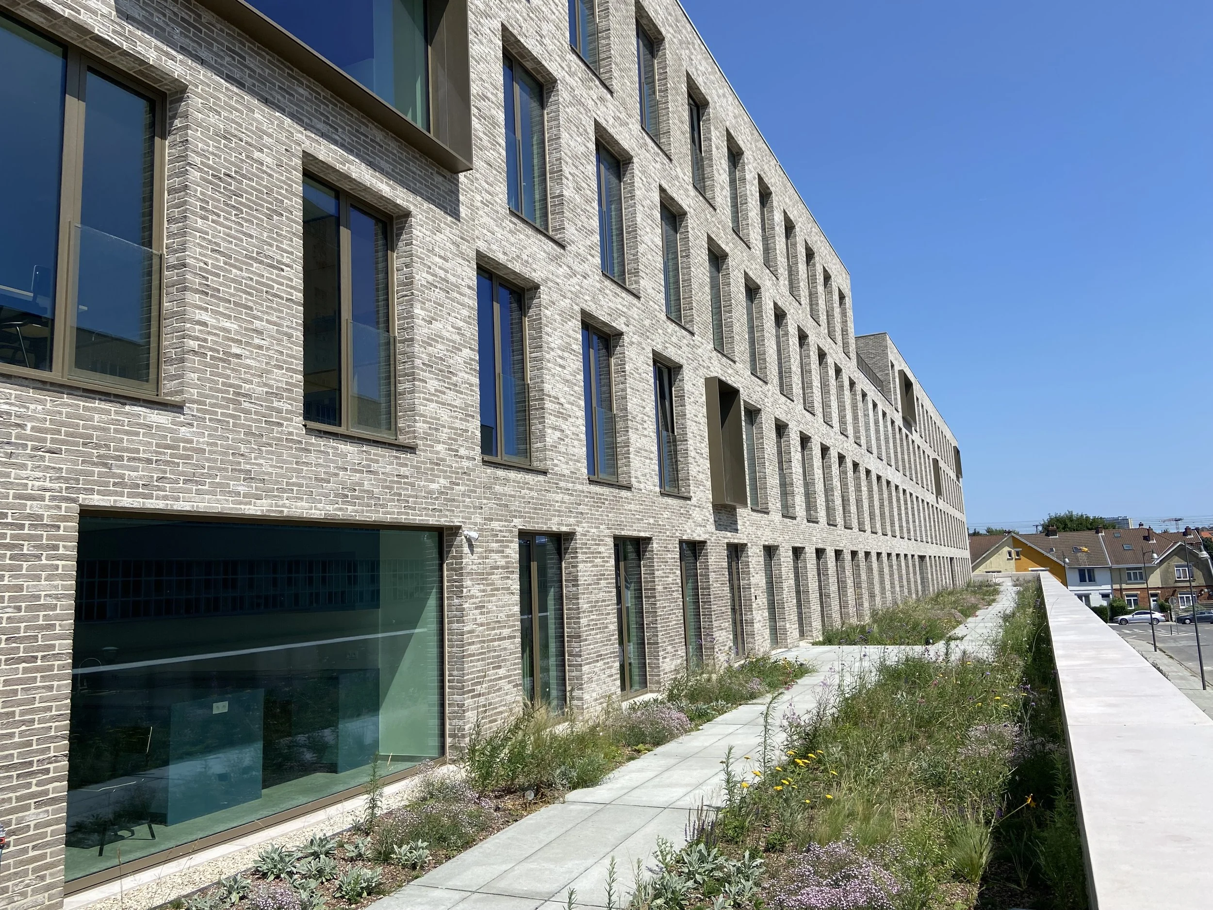 Modern multi-story brick apartment building with large windows and landscaped walkway in front, clear blue sky.