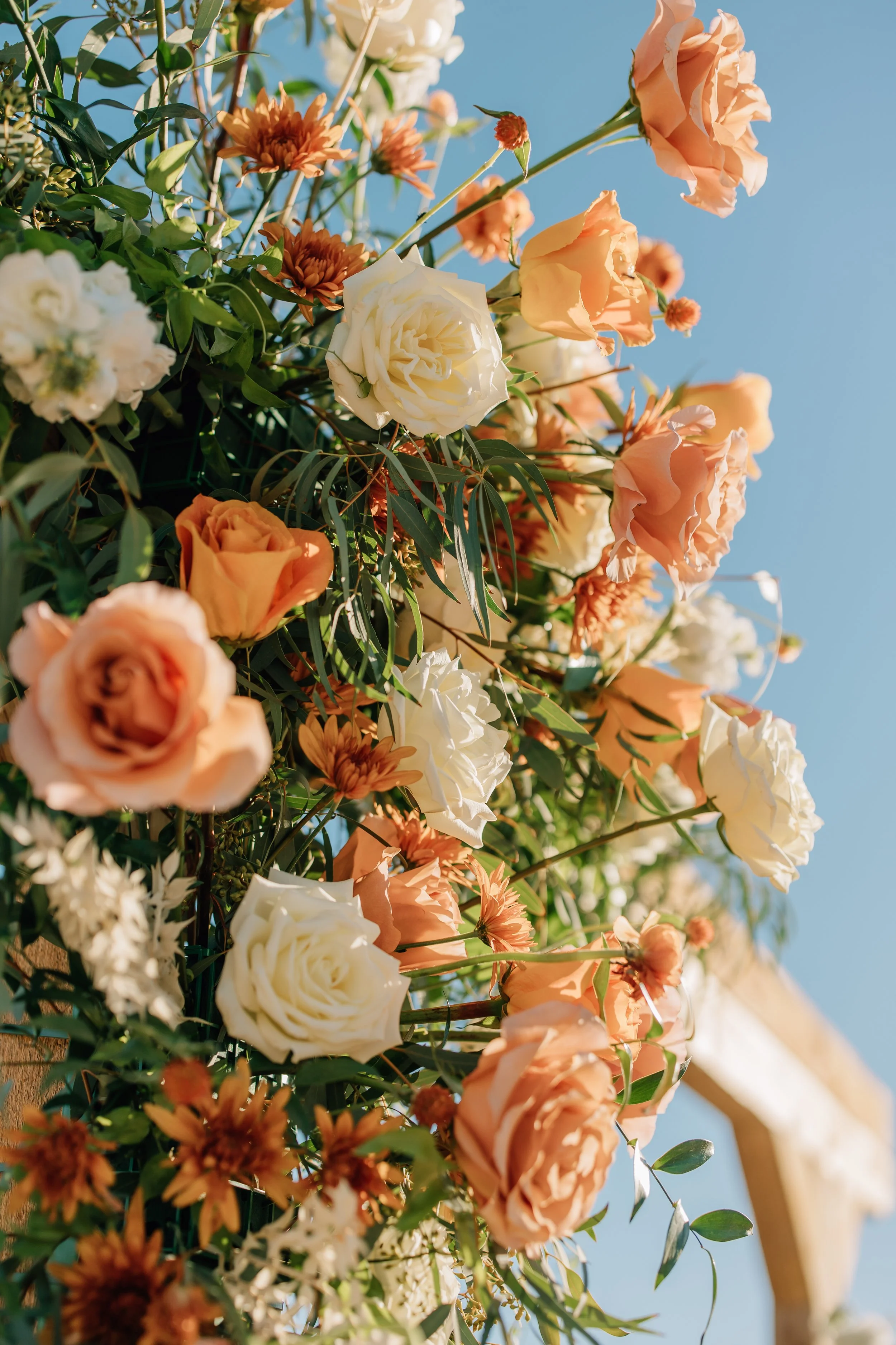 A vibrant floral arrangement with white, peach, and orange roses, along with orange daisies, set against a bright blue sky.