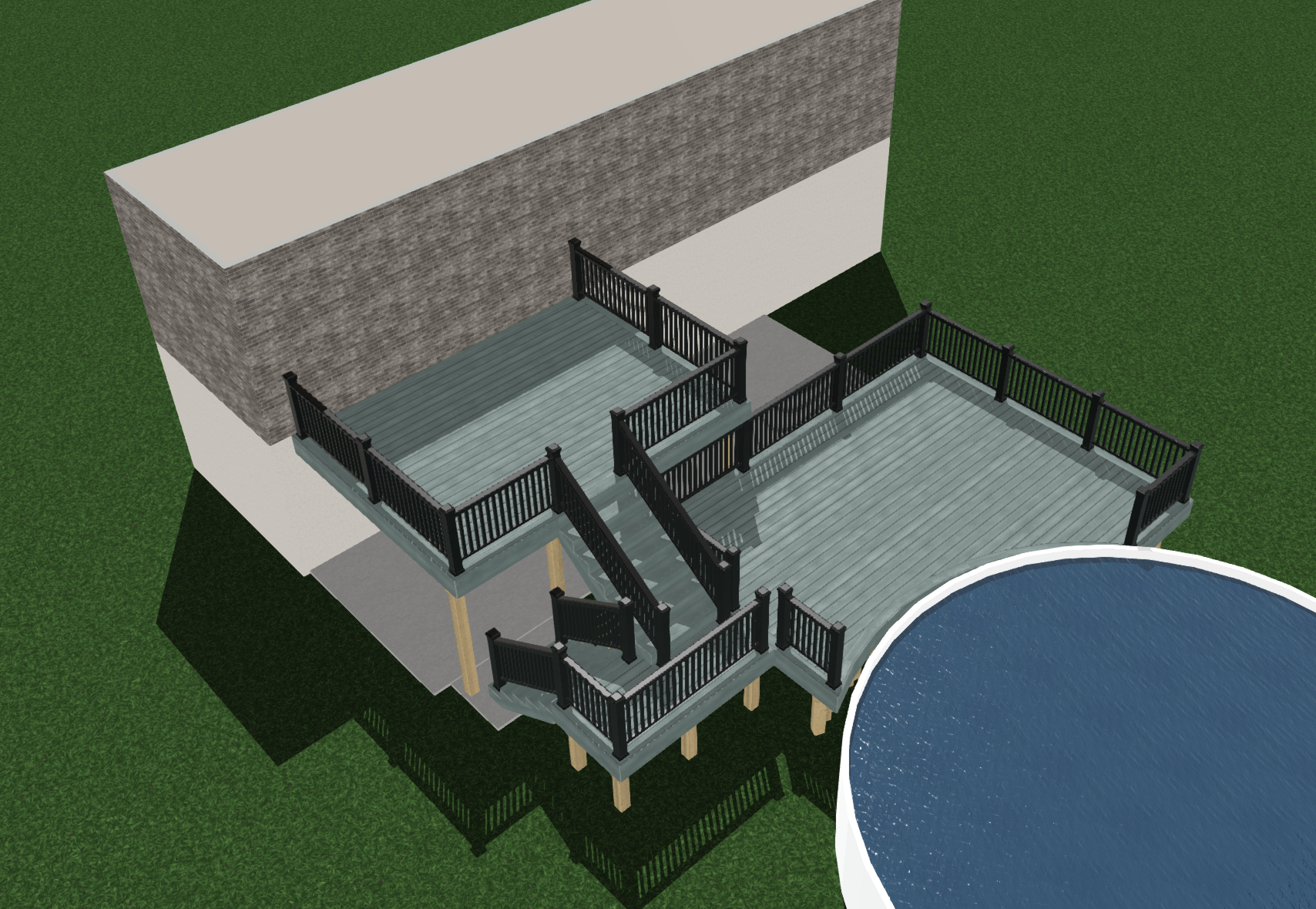 3D model of a house with a large elevated deck, black railing, and staircase, overlooking a pool, with a brick and white exterior wall, on a grassy lot.