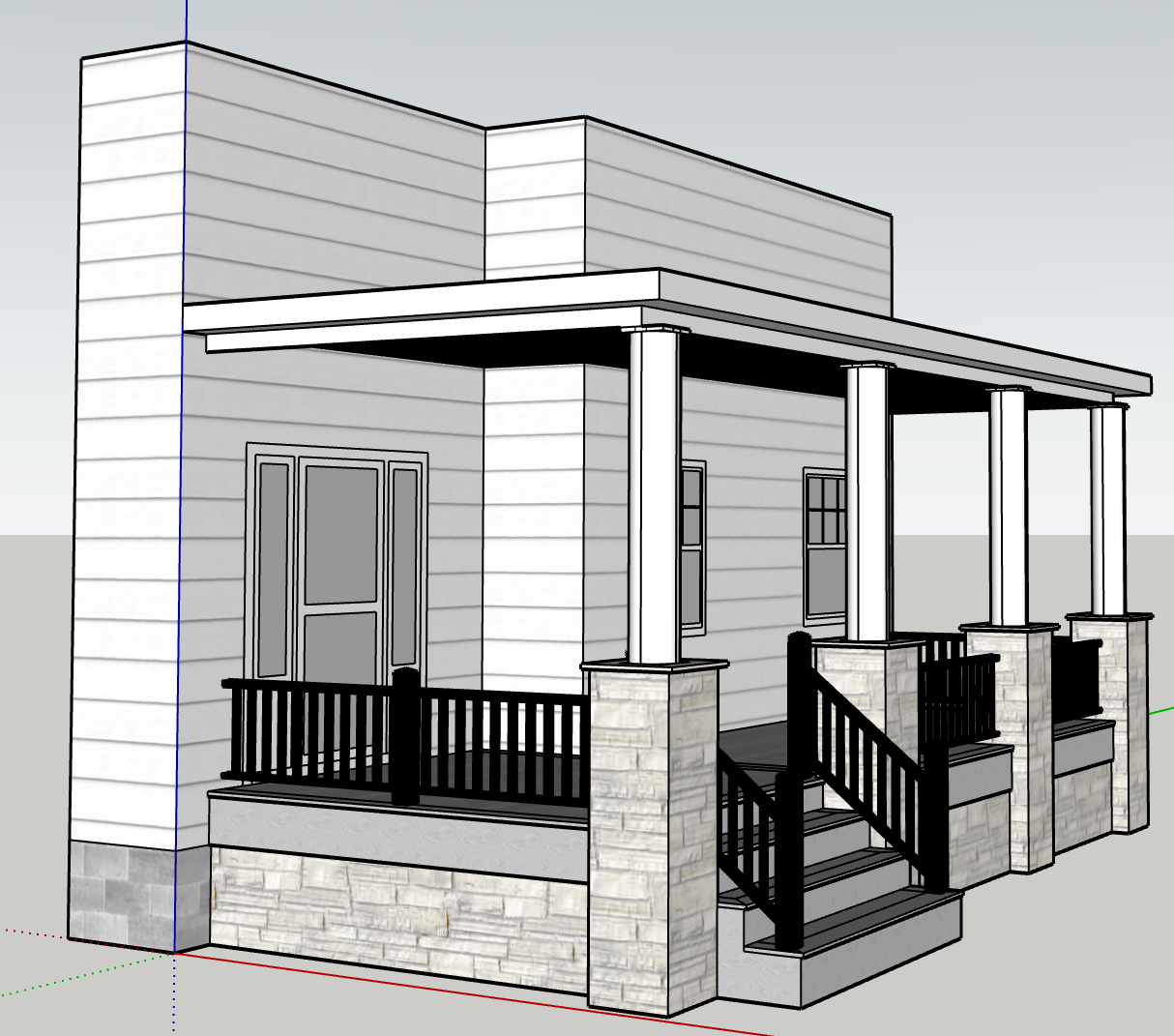 3D model drawing of a small house with a porch, steps, pillars, horizontal siding, and stone base, with windows and a door.